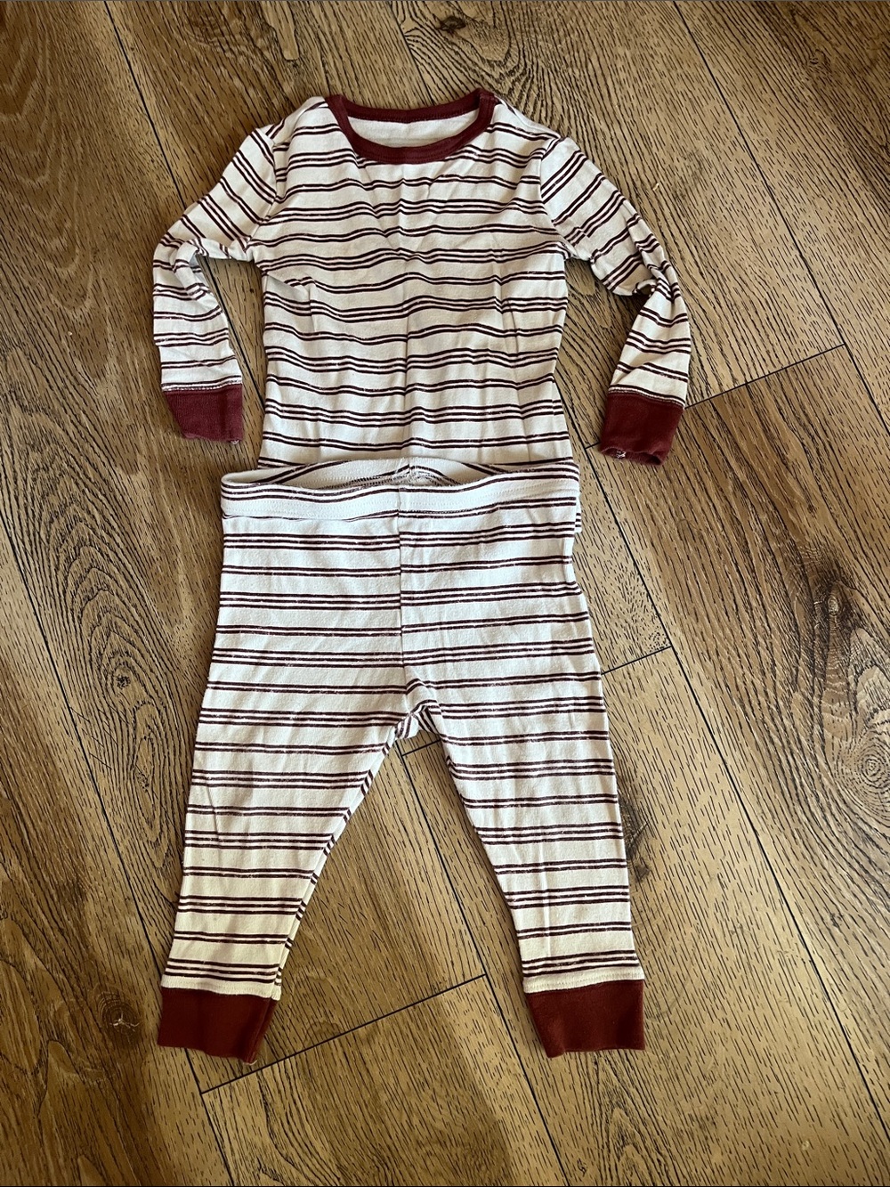 Cream and Burgundy Striped Kids Pajama Set with Burgundy Trim